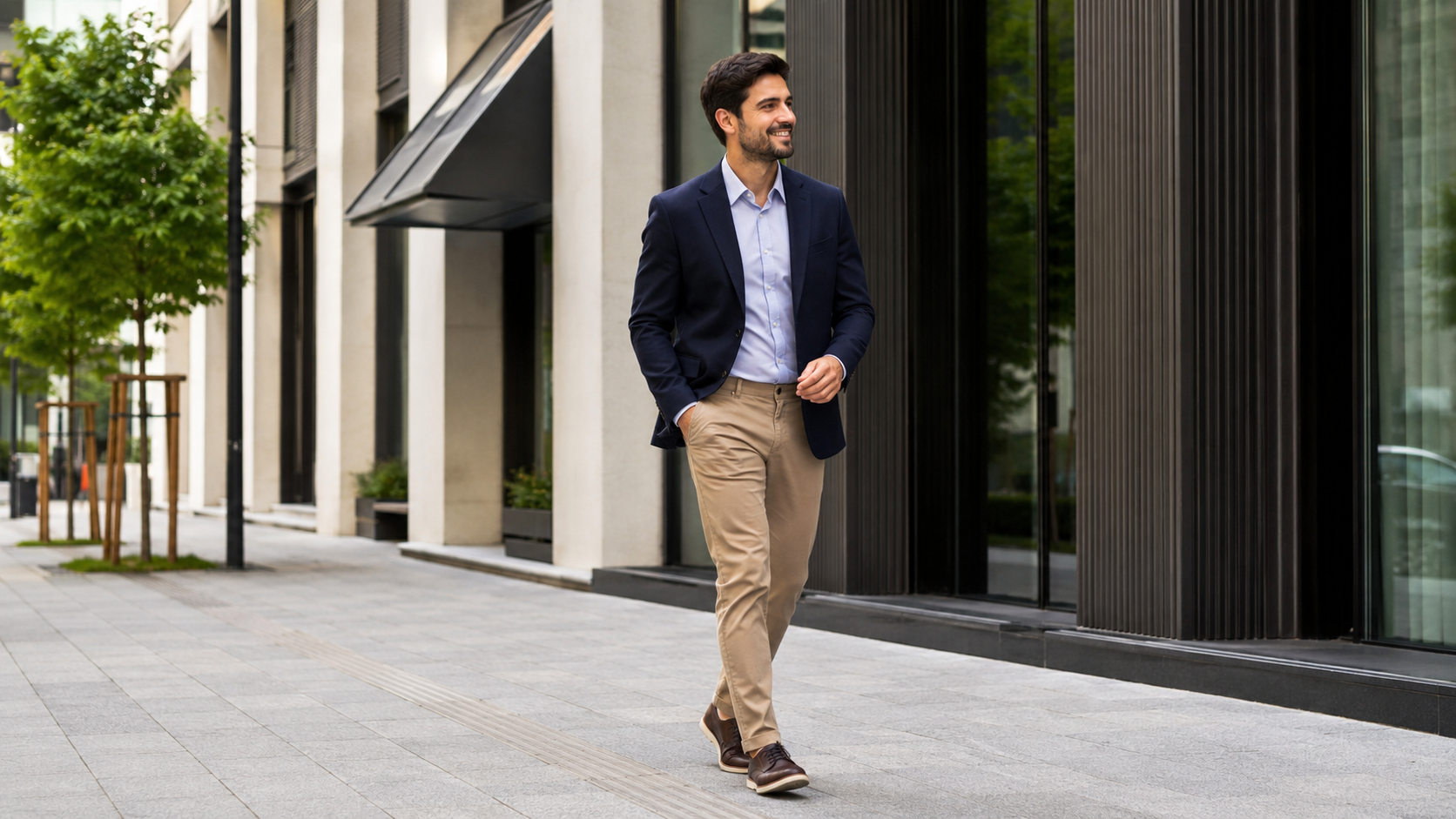 Homem caminhando com blazer azul-marinho e calça bege, representando moda social masculina para o dia a dia.